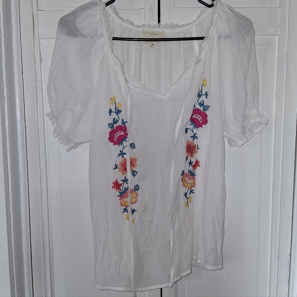Flower & Feather Chic White Blouse with Colorful Floral Design - Picture 1 of 8